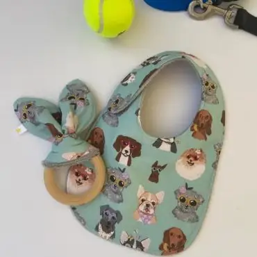 Baby bib and teething toy with cute dog prints, set next to a tennis ball and leash.