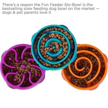 Colorful Fun Feeder Slo-Bowls with kibble, promoting slow feeding for dogs. Bestseller with over 1 million sold.