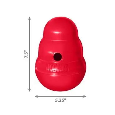 Red KONG dog toy with dimensions 7.5 inches tall, 5.25 inches wide, designed for interactive pet play.