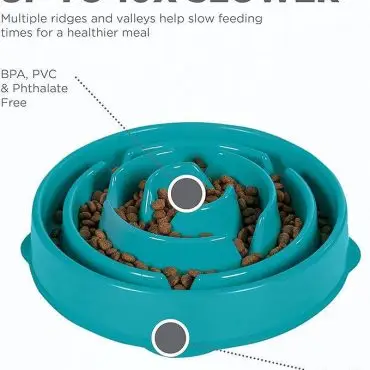 Blue slow feeder dog bowl with curved design to reduce eating speed, made from non-toxic materials, BPA-free, and non-slip.