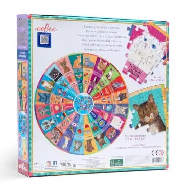 Eeboo Cats of the World 500-piece puzzle box featuring a colorful wheel of cats and meows in various languages.