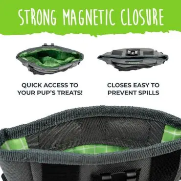 Treat pouch with strong magnetic closure for easy access and spill prevention, ideal for dog training.