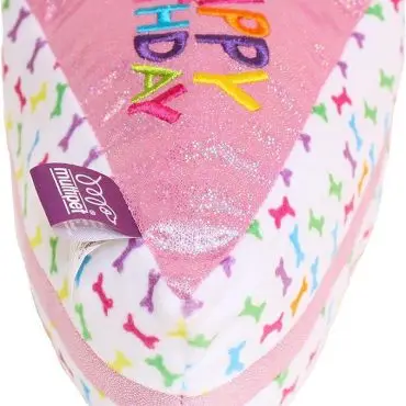 Pink birthday-themed dog toy with colorful bone pattern and Happy Birthday text.