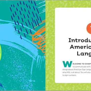 Colorful abstract design with text: 'Introduction to American Sign Language, Chapter 1' on a patterned background.