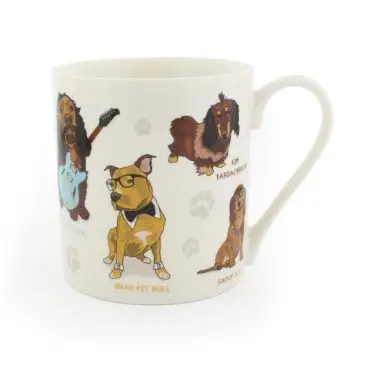 Humorous dog-themed mug with illustrations of celebrity dog puns, like a pit bull in glasses.