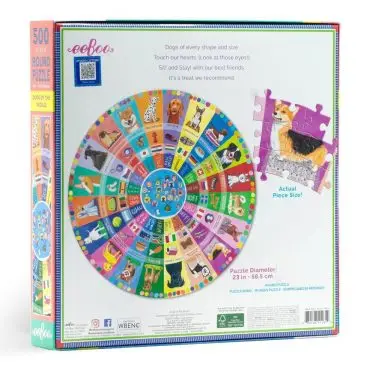 Round 500-piece puzzle box featuring colorful images of various dog breeds with detailed descriptions and packaging.
