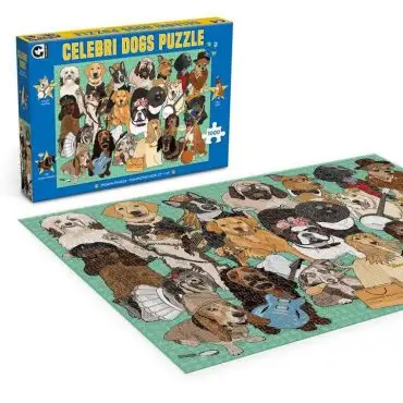 Celebri Dogs Puzzle featuring cartoon dogs dressed as famous icons, 1000-piece jigsaw on a blue and green background.