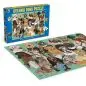 Celebri Dogs Puzzle featuring cartoon dogs dressed as famous icons, 1000-piece jigsaw on a blue and green background.