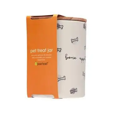 Pet treat jar with bone designs and wooden lid in orange packaging. Perfect for storing dog snacks.