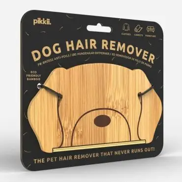 Eco-friendly bamboo dog hair remover for clothes, carpets, and furniture. Durable and sustainable packaging design.