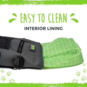 Dog treat pouch with easy-to-clean green interior lining and paw print design, featuring a durable black fabric exterior.