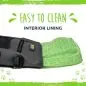 Dog treat pouch with easy-to-clean green interior lining and paw print design, featuring a durable black fabric exterior.