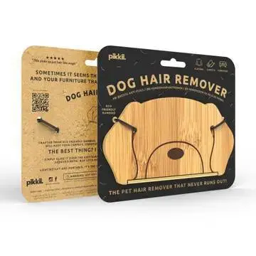 Dog Hair Remover packaging featuring a wooden, eco-friendly pet hair removal tool by Piktii.