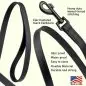 Durable black dog leash with electroplated hardware, waterproof, odor-proof, made in USA.