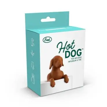 Fred Hot Dog tea infuser packaging, featuring a dog-shaped silicone infuser for brewing tea.