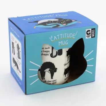 Cattitude mug in blue packaging featuring playful black cat illustrations and humorous quotes.