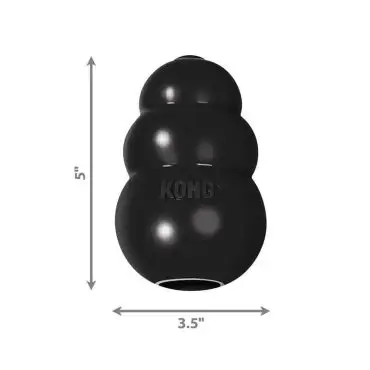 Durable black Kong dog toy, 5 inches tall and 3.5 inches wide, perfect for tough chewers.