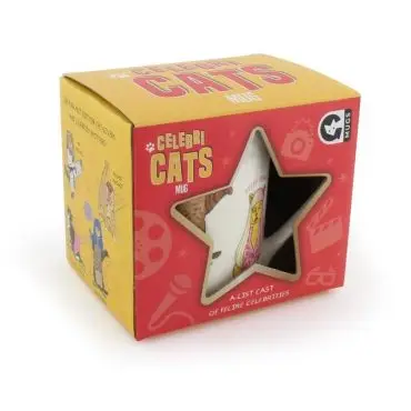 CelebriCats mug in star-shaped box, featuring cartoon cats dressed as celebrities. Perfect gift for cat lovers.