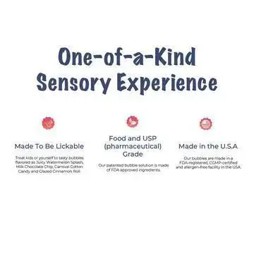 One-of-a-kind sensory experience with lickable, FDA-approved bubbles made in the USA. Perfect for unique enjoyment.