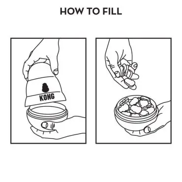 Illustration showing how to fill a Kong toy with treats, step-by-step guide, black and white drawing.