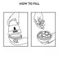 Illustration showing how to fill a Kong toy with treats, step-by-step guide, black and white drawing.