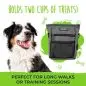 Dog treat pouch holds two cups, perfect for long walks or training sessions. Featuring a happy dog and green accents.