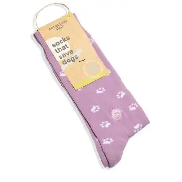 Purple socks with paw prints, labeled socks that save dogs, benefiting dog-related causes.