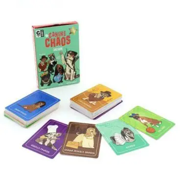 Colorful Canine Chaos card game set with illustrated dog character cards on a white background.
