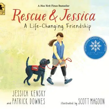 Young girl with prosthetic legs walks Labrador service dog. Rescue & Jessica book cover featuring award emblem.