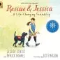 Young girl with prosthetic legs walks Labrador service dog. Rescue & Jessica book cover featuring award emblem.