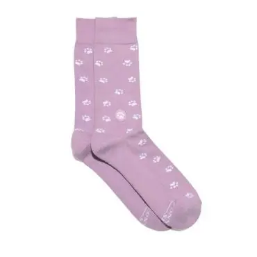 Purple socks with white paw print pattern, perfect for casual wear. Comfortable and stylish foot apparel.