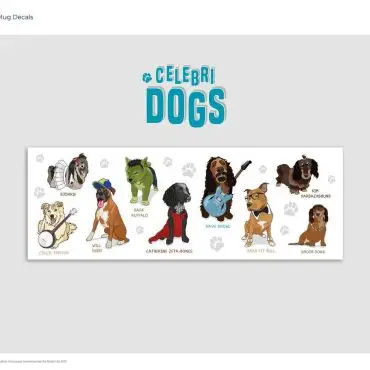 Cartoon dogs with celebrity-inspired names: Björkie, Bark Ruffalo, Will Sniff, Dave Growl, and more on mug decals.