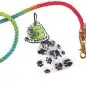 Colorful dog leash with a poop bag holder featuring paw prints; practical pet walking accessory.