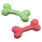 Green and red geometric dog chew toys shaped like bones on a white background.