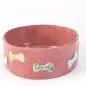 Handcrafted ceramic bowl with colorful bone motifs, featuring words like UNDER, SETTLE, and LEAVE IT.