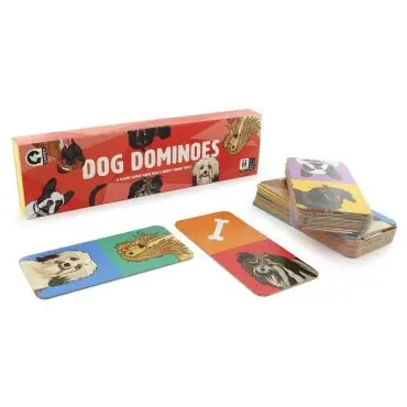 Dog dominoes game set with colorful illustrated cards featuring various dog breeds.