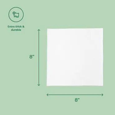 Extra thick and durable 8x8 inch white napkin on a green background.