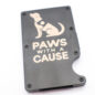 Black wallet with Paws with a Cause and dog graphic, promoting charity. White background.