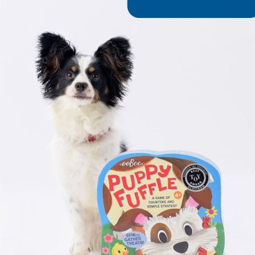 Cute dog beside Puppy Fuffle game box, titled Opal. Fun counting and strategy game for kids 4 and up.