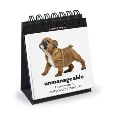 Bulldog in playful pose with Unmanageable mood calendar, captioned I don't want to. And you can't make me.