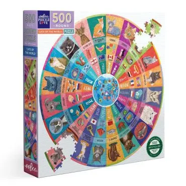 500-piece round puzzle of cats from around the world, featuring colorful designs and country flags.