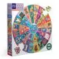 500-piece round puzzle of cats from around the world, featuring colorful designs and country flags.