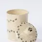 Speckled ceramic pet treat jar with paw print design, open lid showcasing cute and functional storage.