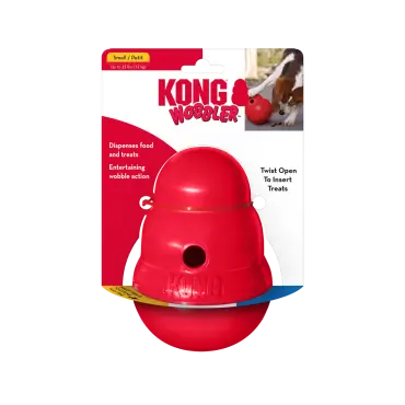 Red KONG Wobbler dog toy package, small size, dispenses treats, with wobble action, for dogs up to 25 lbs.