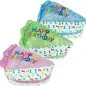 Three colorful plush birthday cake dog toys embroidered with Happy Birthday, featuring bone patterns.