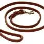 Brown leather dog leash with braided detail and metal clasp on white background.