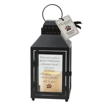 Black memorial lantern with touching pet tribute and pawprint design, perfect for remembering beloved companions.