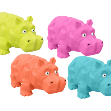 Colorful geometric hippo toys in lime, pink, orange, and blue arranged on a white background for kids' play.