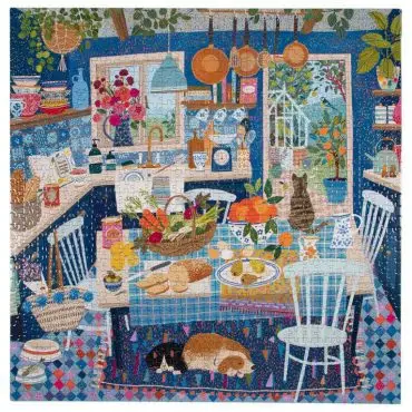 Colorful kitchen illustration with fruit basket, flowers, and two cats by the table. Cozy and vibrant home scene.