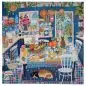Colorful kitchen illustration with fruit basket, flowers, and two cats by the table. Cozy and vibrant home scene.